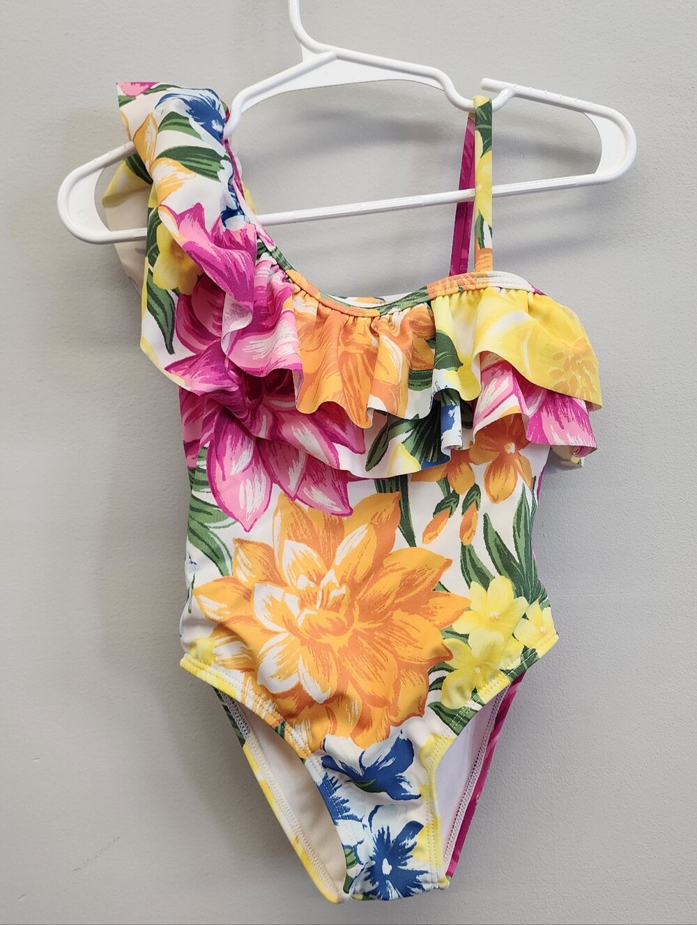 Janie and Jack Girls 2T Tropical Floral One Shoulder Ruffle Swimsuit